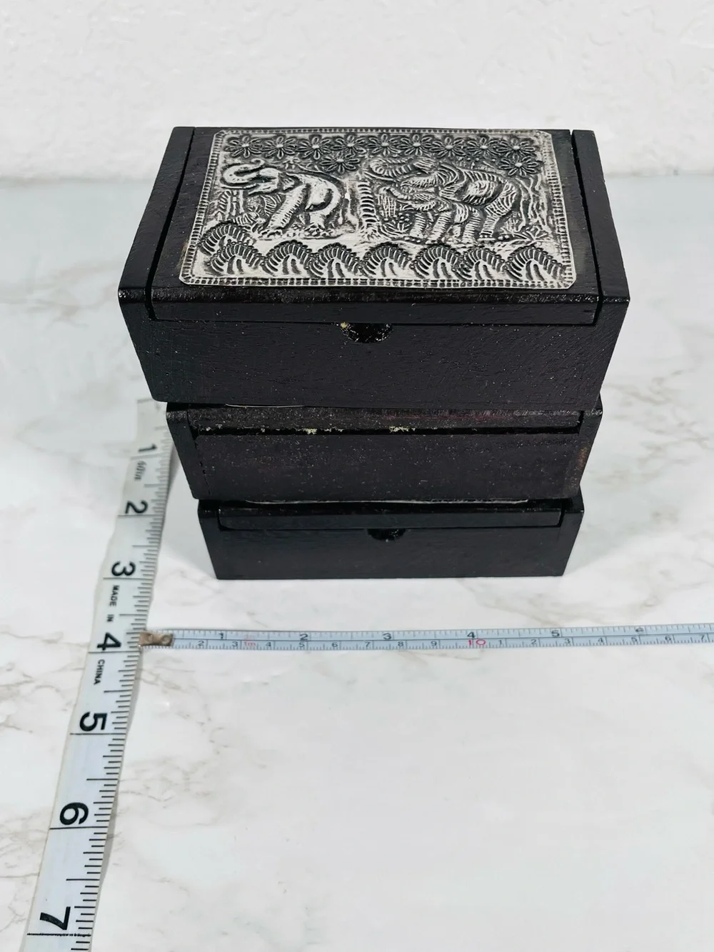 4 Vintage Thai Teak Wood and Silver Trinkets Boxes